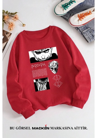 Macklin Unisex Kadın Erkek Berserk Anime Özel Tasarım Baskılı Bisiklet Yaka Sweatshirt Kırmızı Mck1352 Kırmızı