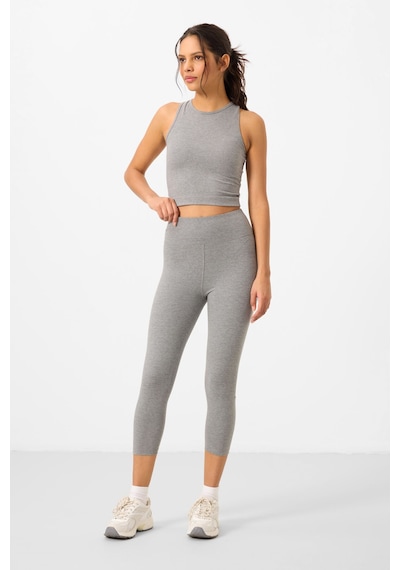 Tommylife Gri Melanj Yüksek Bel Kapri-crop Atlet Slim Fit Kadın Tayt Takım - 95284