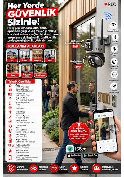 Baff Ics-5632 6mp Çift Lens Wifi Akıllı Güvenlik Kamerası Ptz Aı İnsan Algılama Hareket Takip Gece Görüşlü