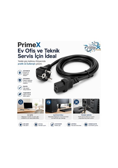 Primex Px-p450 5 Metre Lüks Power Kablosu, 3x1.5mm Kalın Full Bakır Psu Güç Kablosu, Pc Power Supply Monitör Mining Sistemleri İçin Siyah Enerji Kablosu 5 Metre 0.1 M