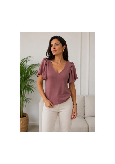 Gül&can Butik Kadın Gül Kurusu V Yaka Fitilli Triko Bluz Volanlı Kısa Kol Şık Günlük Üst Pembe Gül&can Butik Kadın Gül Kurusu V Yaka Fitilli Triko Bluz Volanlı Kısa Kol Şık Günlük Üst Pembe