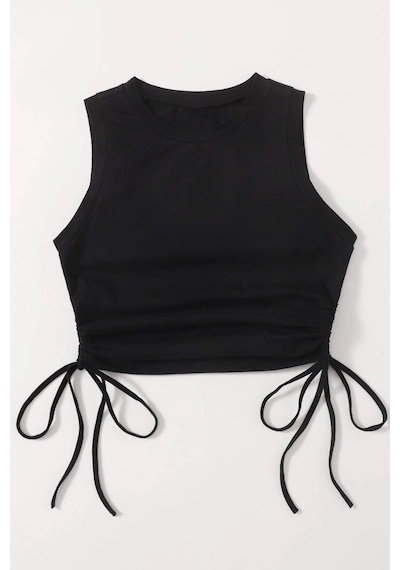 Merry See Yanları Büzgülü Kolsuz Bluz Crop Top Atlet Siyah