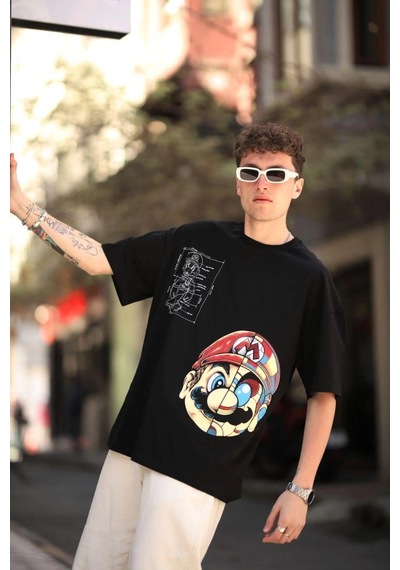 Assema Erkek Mario Baskılı T-shirt Oversize Kısa Kol Bisiklet Yaka Tişort - Siyah Çok Renkli