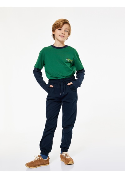 Koton Beli Bağcıklı Cep Detaylı Pamuklu Gabardin Jogger Pantolon Lacivert 7wkb40001tw