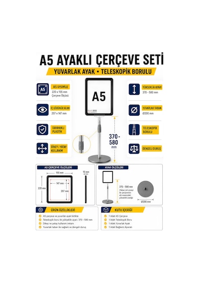 A5 Ayaklı Menü Ve Fiyat Bilgi Standı Yuvarlak Tabanlı Teleskopik Çerçeve Etiketlik Turuncu