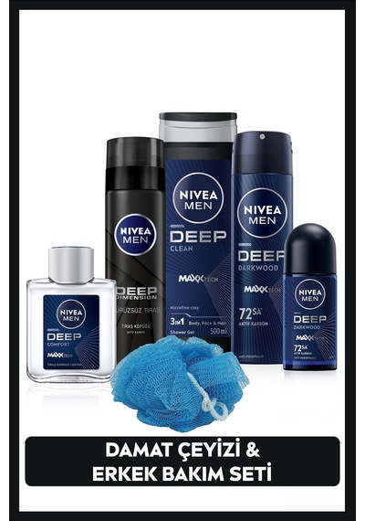 Nivea Men Erkek Damat Seti Duş Jeli 500 ML + Deodorant 150 ML + Roll-On 50 ML + Tıraş Köpüğü, Losyon 100 ML
