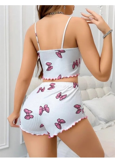 Atyticaret Kadın Pamuklu Beyaz Üstüne Pembe Kurdela Desenli Fitilli Askılı Şortlu Pijama Takımı