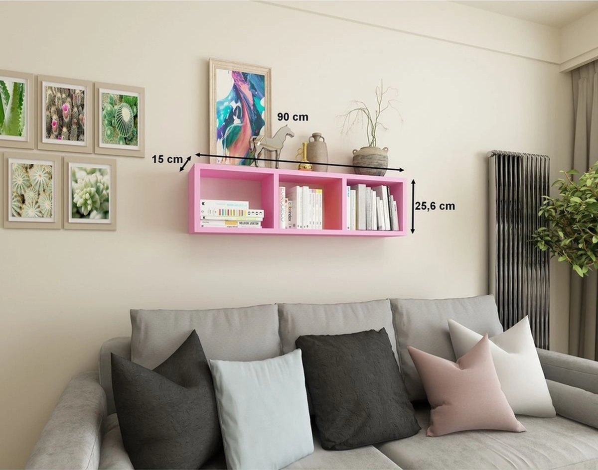 Kitaplık Hediye Duvar Rafı Mobilya 90 Cm Pembe Pembe