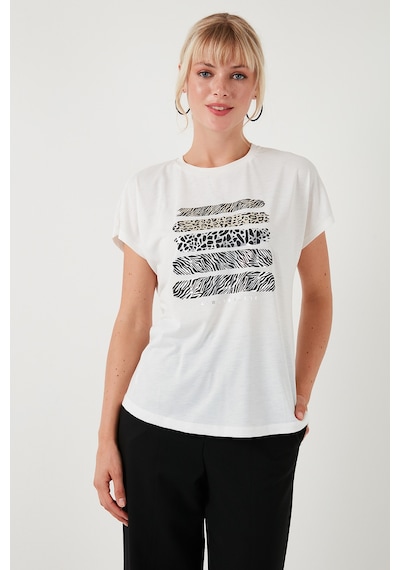 Lela Baskılı Bisiklet Yaka Regular Fit Bayan T Shirt 6671003 Ekru