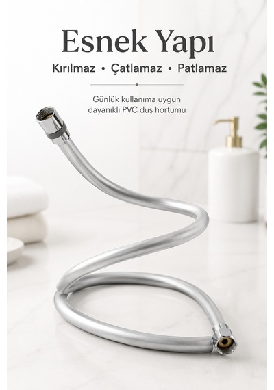 Gümüş Pvc Duş Hortumu 150 Cm Dolanmaz 360 Döner Başlıklı Yüksek Basınçlı İnox Banyo Spirali