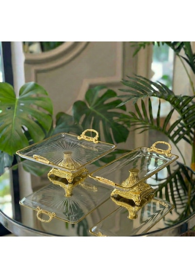 Gold Kulplu Cam 2 Li Sunumluk Seti Lokumluk, Çikolatalık, Kahve Yanı Sunum Tabağı Altın