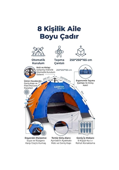 Kamptek Outdoor 8 Kişilik Otomatik Kurulum Kamp Doğa Deprem Acil Durum Çadırı 250x250x165 Cm Çok Renkli