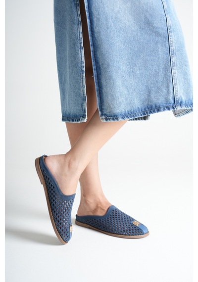 Analin Shoes Kadın Hakiki Deri Delikli Günlük Rahat Terlik Mavi