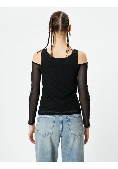 Koton Çift Kumaş Kullanımlı Tül Tişört Uzun Kollu Slim Fit Siyah 4sal10568ık Siyah