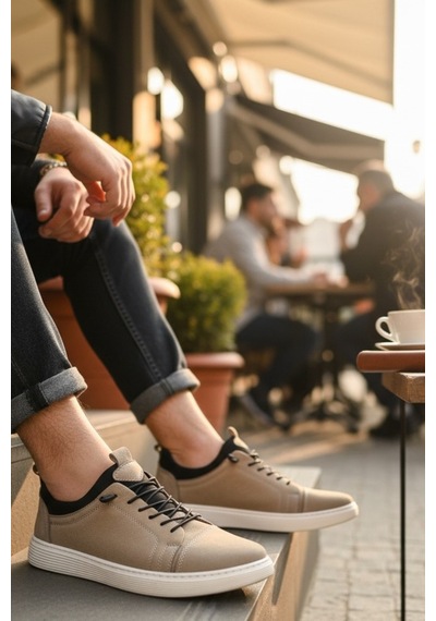 Enoch Hakiki Deri Lastik Detaylı Erkek Sneaker Ayakkabı Ortopedik Taban Bej