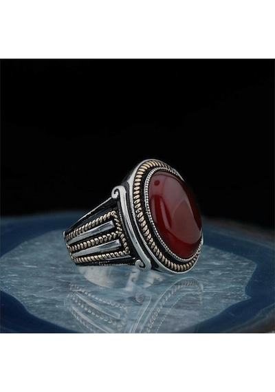 Takılingo Kral Taçı Şeklinde Oval Bordo Akik Taşlı Erkek Yüzük Gümüş