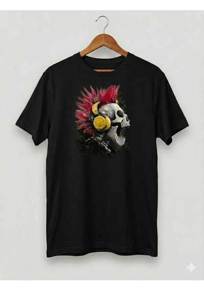 Punk Rock Temalı Kuru Kafa Baskılı Bisiklet Yaka Erkek T-shirt Siyah