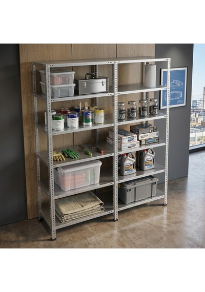 6 Katlı Duble Galvaniz Çelik Raf - Depo, Arşiv, Kiler, Dosya, Market Rafı 59x60 Cm-150 Cm-1.50 Mm Metalik