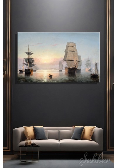 Fitz Henry Lane'in Ünlü "boston Harbor, Sunset" Adlı Tablosu Yatay Kanvas Tablo Tekli 3734 Çok Renkli