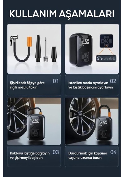 Taşınabilir 150 Psı 3600mah Kablosuz Şarjlı Dijital Hava Kompresörü Lastik Pompası