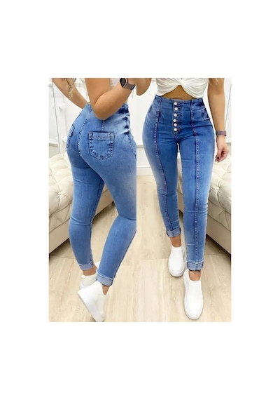 Butik İstanbul Kadın Yüksek Bel Önden Düğmeli Jean Pantolon Lacivert