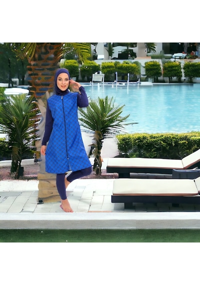Shopiolog Uzun Mikro Kollu Geometrik Desenli Modelli Tam Tesettür Lacivert