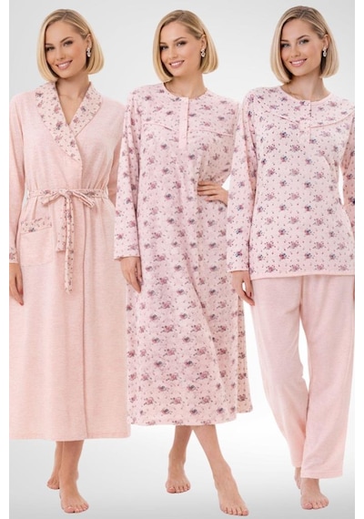 Mecit Pijama Mecit 6318 Pudra Büyük Beden Kadın Sabahlık Pijama Gecelik Set Pudra