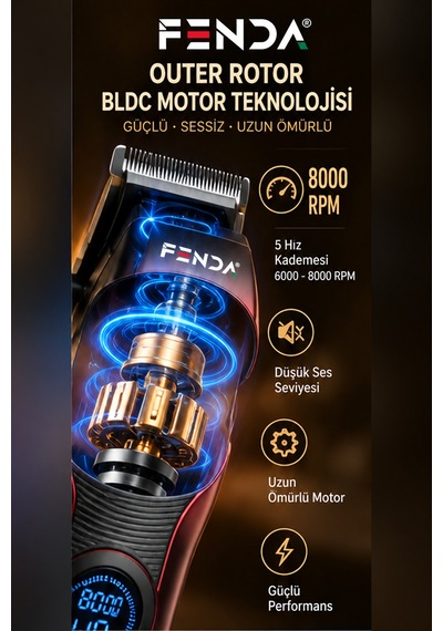Fenda Profesyonel Şarjlı Bldc Motor 8000 Rpm 2'li Tıraş Makinesi Seti Kırmızı
