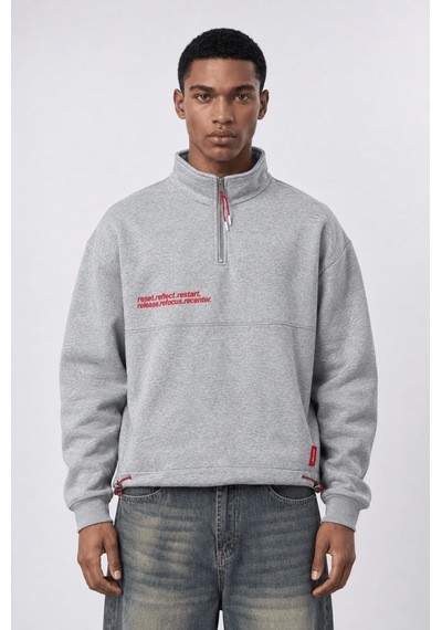 Respire Erkek Reset Baskılı Lastik Detaylı Half Zip Oversize Sweatshirt Gri Melanj