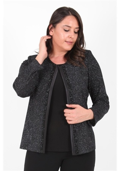 Ladies First Büyük Beden 3115 Siyah Gümüş Ceket+Atlet Abiye Ikili Takım