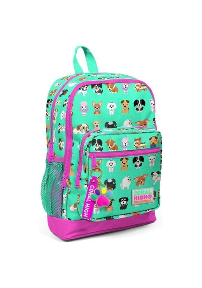 Coral High Kids Su Yeşili Neon Pembe Köpek Desenli 2'li Okul Çanta Seti