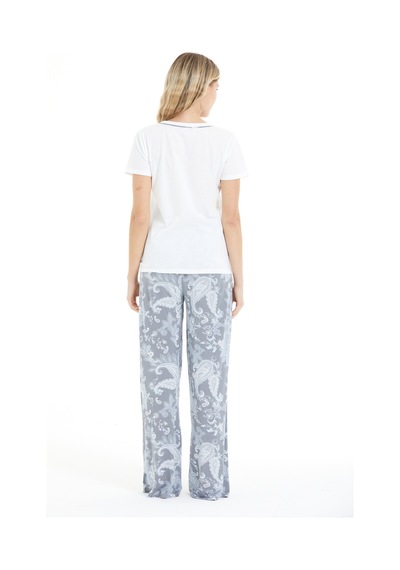 Lılac Kadın Çiçek Desenli %100 Viscon Pijama Takımı Beyaz-gri Beyaz-gri