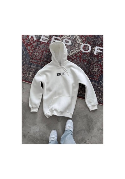 Butik İstanbul Uzun Kol Kapşonlu Göğüs Baskılı Sweatshirt - Beyaz