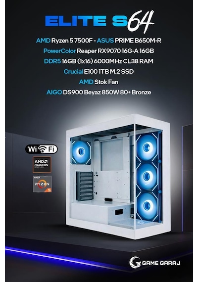 Game Garaj Elite S64 R5-7500F 16 GB 1 TB SSD RX9070 Dos Oem Paket Masaüstü Oyuncu Bilgisayarı