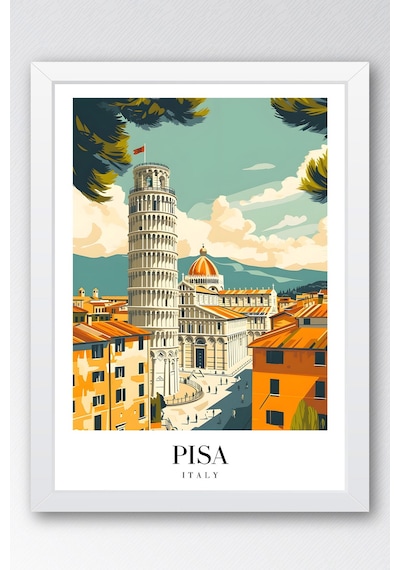 Pisa Italy Vintage Seyahat Posteri Çerçeveli Tablo - Premium Eğik Kule Elit Duvar Dekoru Beyaz