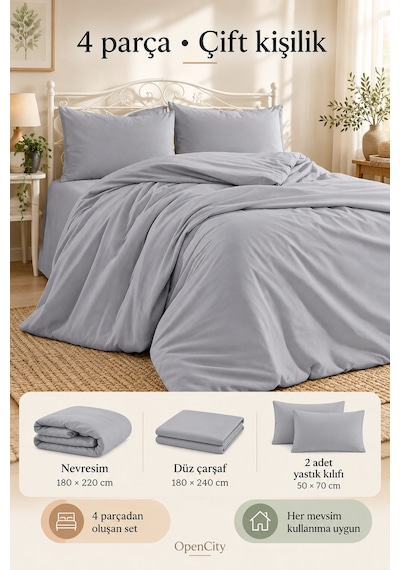 Çift Kişilik Gri Nevresim Takımı 4 Parça Düz Renk 180x220 Nevresim 180x240 Çarşaf 2 Yastık Kılıfı Ev