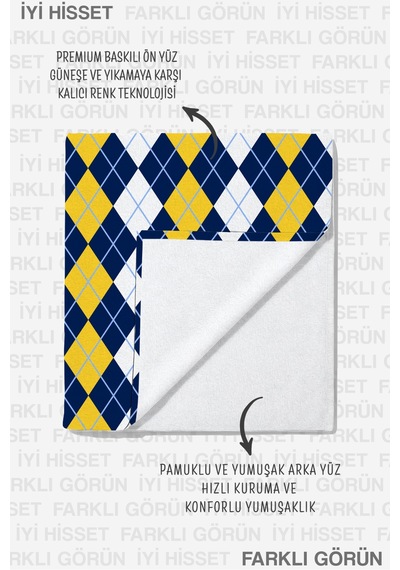 Ekose Geometrik Desenli Plaj Havlusu - Modern Sarı Lacivert Beyaz Hızlı Kuruyan Mikrofiber Havlu Eski Ada