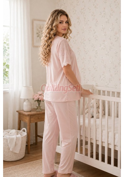 Lady Bebe Pembe Renkli Dantel Detaylı 33206 Kısa Kol 2 Parça Lohusa Hamile Pijama Takımı Açık Pembe