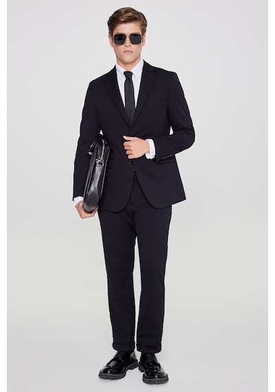 AC&Co / Altınyıldız Classics Erkek Sıyah Slim Fit Dar Kesim Mono Yaka Beli Bağlamalı Kapak Cepli Esnek Takım Elbise Siyah