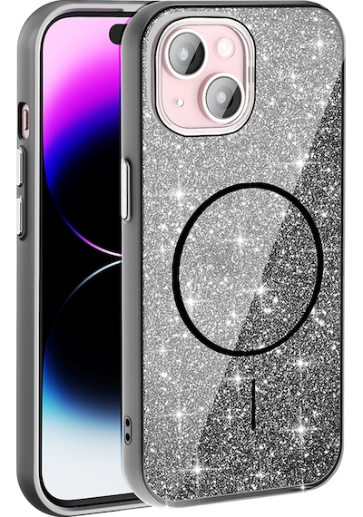 Apple Uyumlu iPhone 15 Kılıf Magsafe Şarj Özellikli Parlayan Simli Okso Kapak - Siyah Siyah Siyah