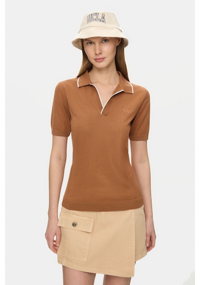 Ucla Sasha Kahve Polo Yaka Triko Nakışlı %100 Pamuk Standard Fit Kadın Tshirt