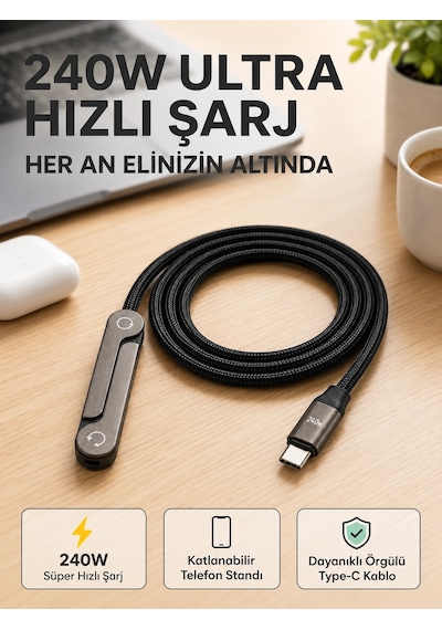 Bay Örgülü 240w Type-c Katlanabilir Telefon Standlı Şarj Kablosu Najmaddin 49137011