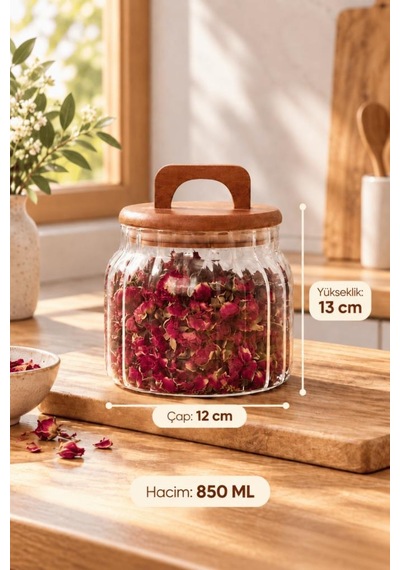 Atbyhome Akasya Kapaklı Çizgili Borosilikat Cam Kavanoz 850 Ml - Vakumlu Büyük Boy Erzak Bakliyat Saklama Kabı