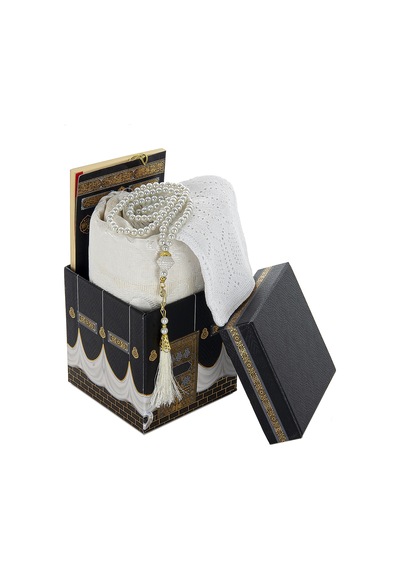 Kabe Desenli Özel Kutusunda Seccadeli Hediyelik Mevlüt Seti Beyaz