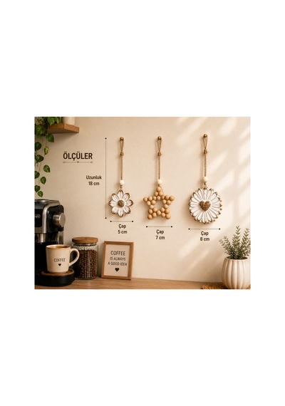 3 Lü Dekoratif Duvar Süsü Seti Çiçek Ve Ahşap Boncuk Yıldızlı Rustik Duvar Dekoru Bej - 910488838 Bej - 910488838