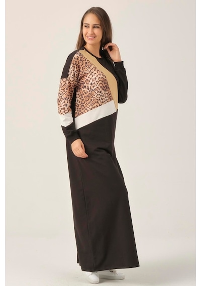 Siyah Leopar Detaylı Maxi Boy Elbise Dm400