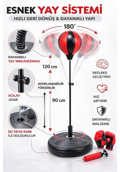 Clifton Boks Standı 90-120 Cm, Refleks Topu, Eldiven Seti, Siyah Çok Renkli