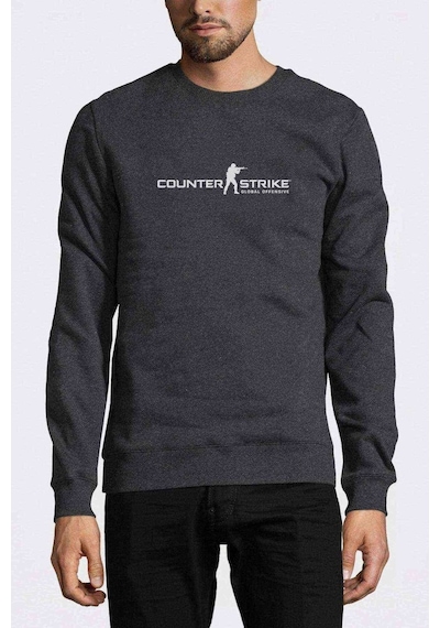 Cs Go Yazı Ve Logo Baskılı Füme Antrasit Erkek Örme Sweatshirt
