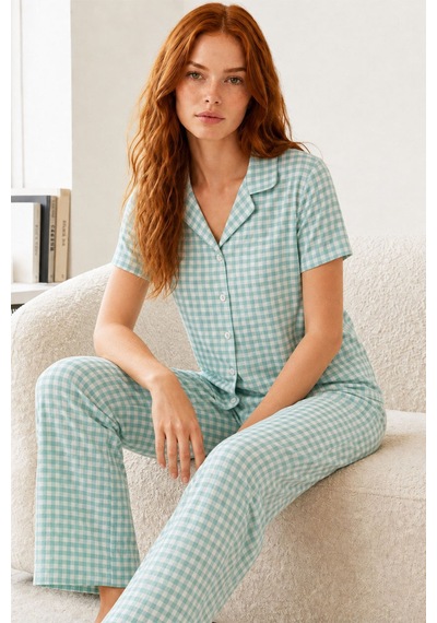 Kare Desenli Bürümçük Kumaş Kısa Kollu Pijama Takımı 6065 Su Yeşili