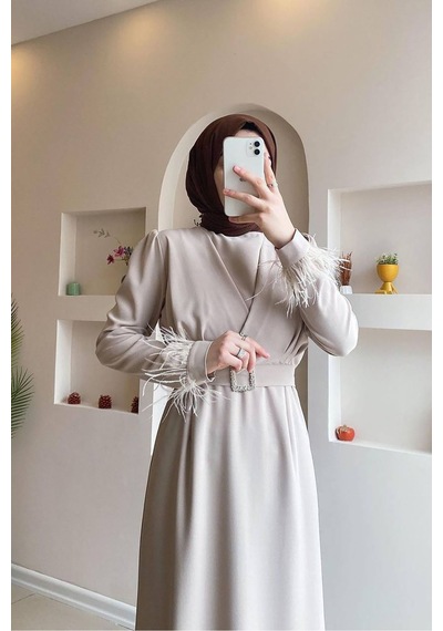 Neşeli Butik Kadın Kalem Kemerli Kol Detaylı Tesettür Elbise Sms034 Bej
